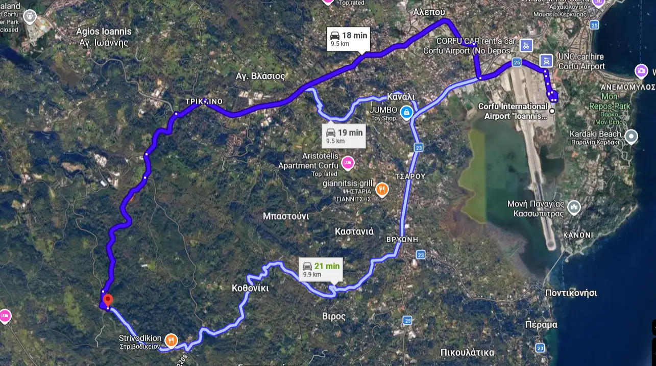 Route from Corfu International Airport to Varypatades Village